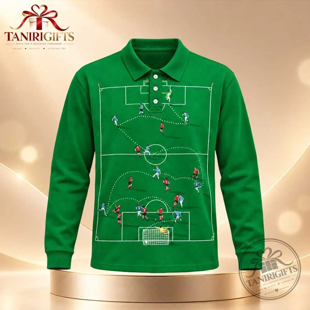 Soccer Tactics Pitch Green Long Sleeve Polo Shirt