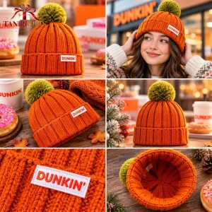 Dunkin Orange Knit Beanie Hat with Pom Pom