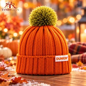 Dunkin Orange Knit Beanie Hat with Pom Pom