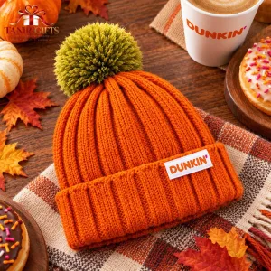Dunkin Orange Knit Beanie Hat with Pom Pom