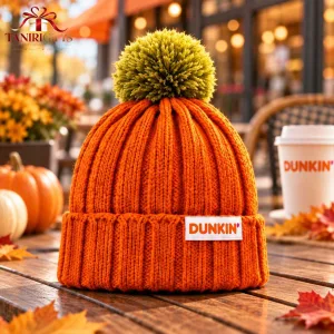Dunkin Orange Knit Beanie Hat with Pom Pom