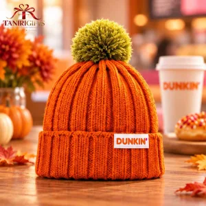 Dunkin Orange Knit Beanie Hat with Pom Pom