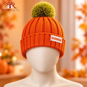 Dunkin Orange Knit Beanie Hat with Pom Pom