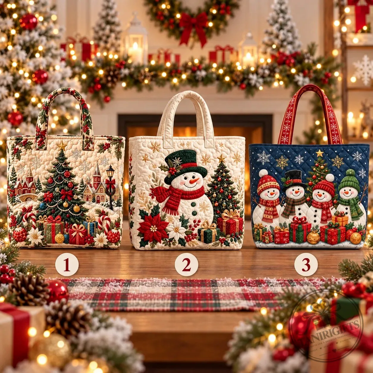 Christmas Quilted Tote Bag – Holiday Snowman Christmas Tree Fabric Handbag