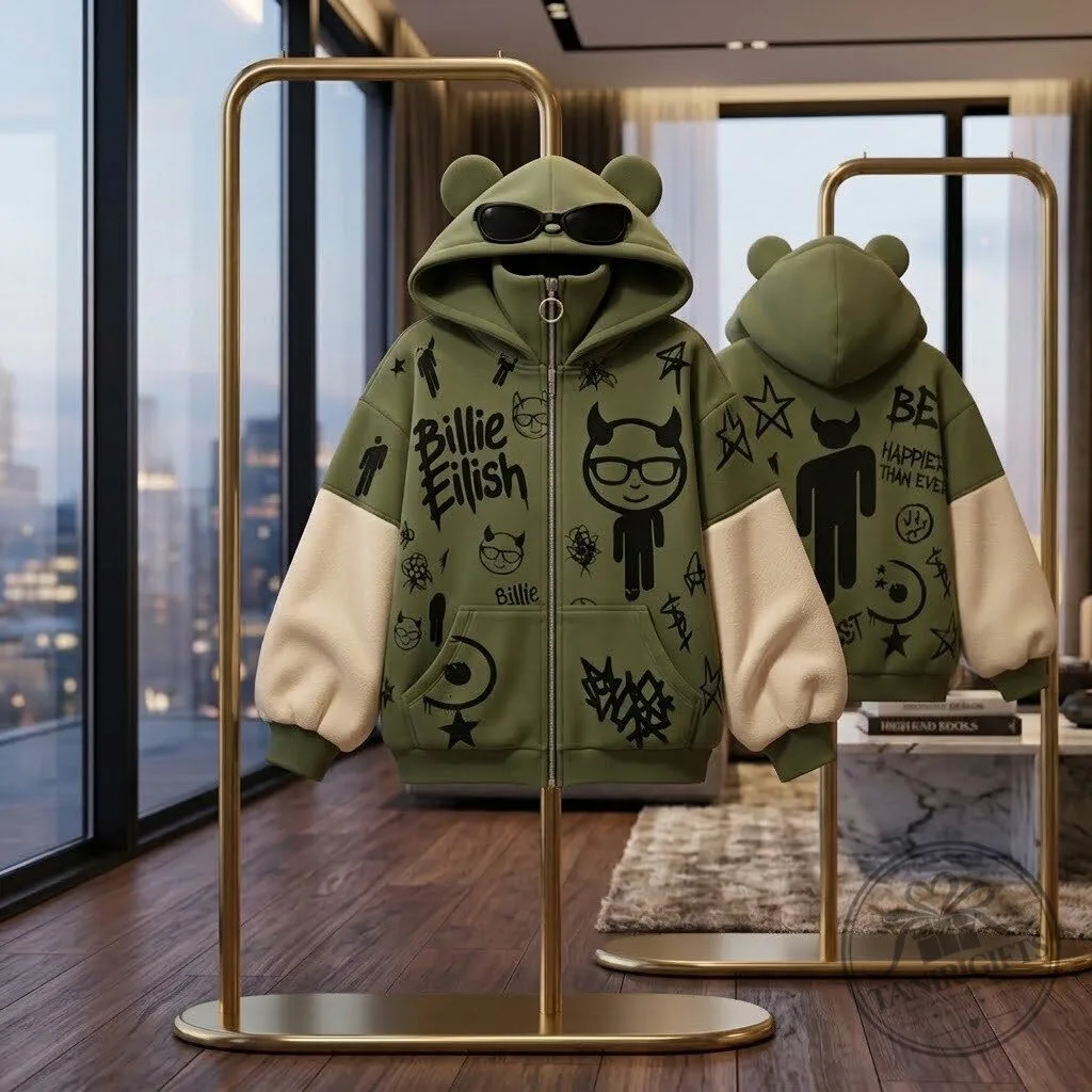 Billie Eilish Graffiti Devil Ear Zip Hoodie Shirt