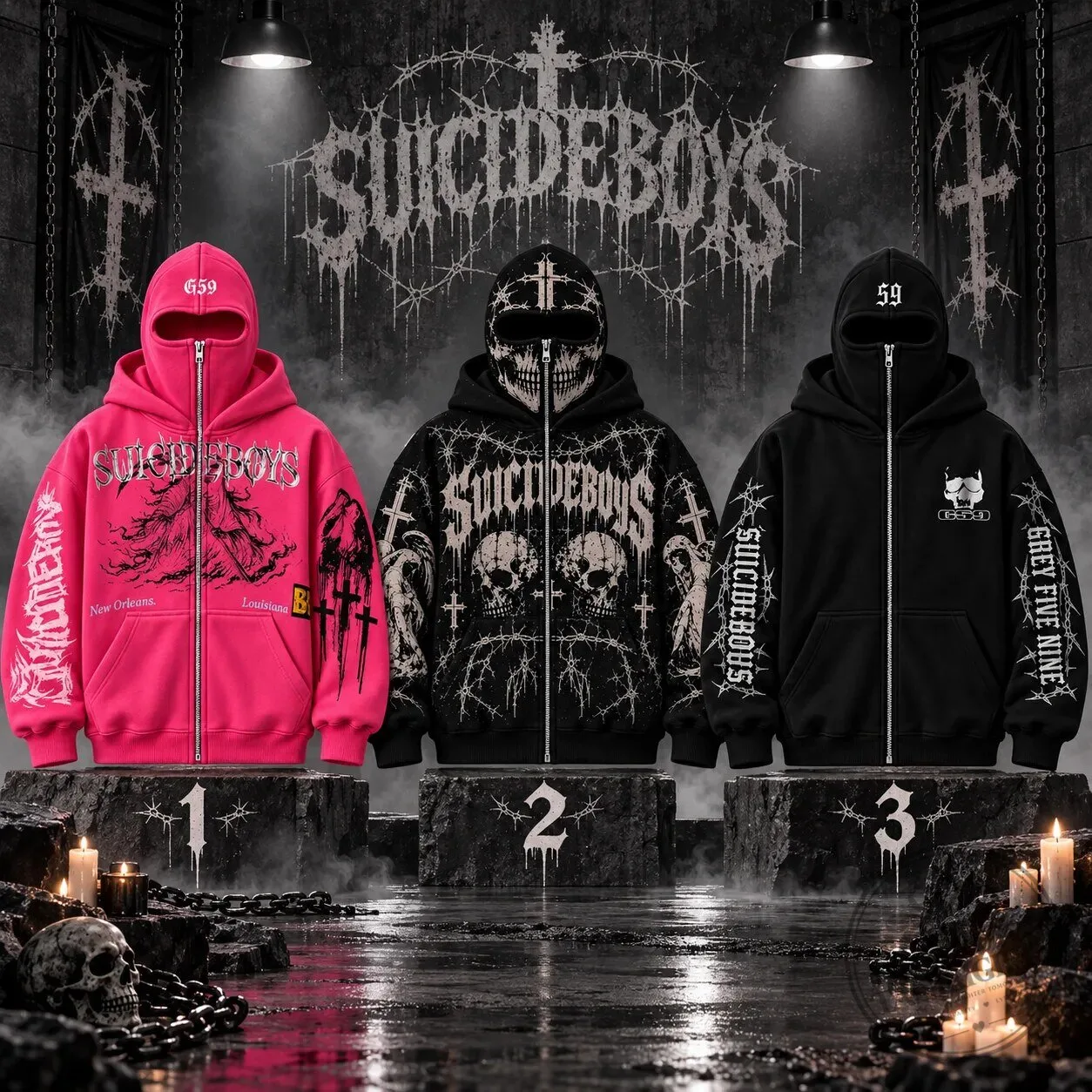 Suicideboys G59 Grey Five Nine Masked Zip-Up Hoodie