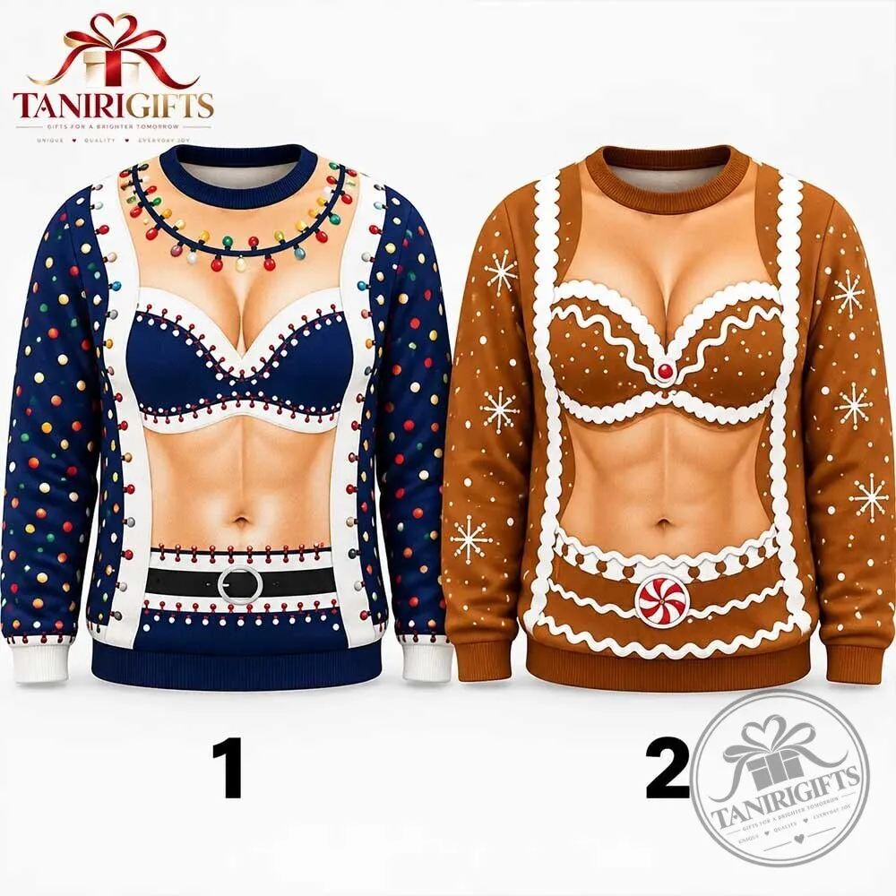 Merrytease Funny Women Bikini Chest 3D Printed Ugly Christmas Sweaters