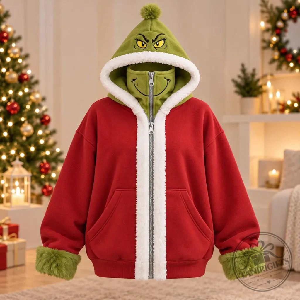 Grinch Full Zip Mask Hoodie Christmas Jacket 2026 Grinch Full Zip Mask Hoodie Christmas Jacket 2026