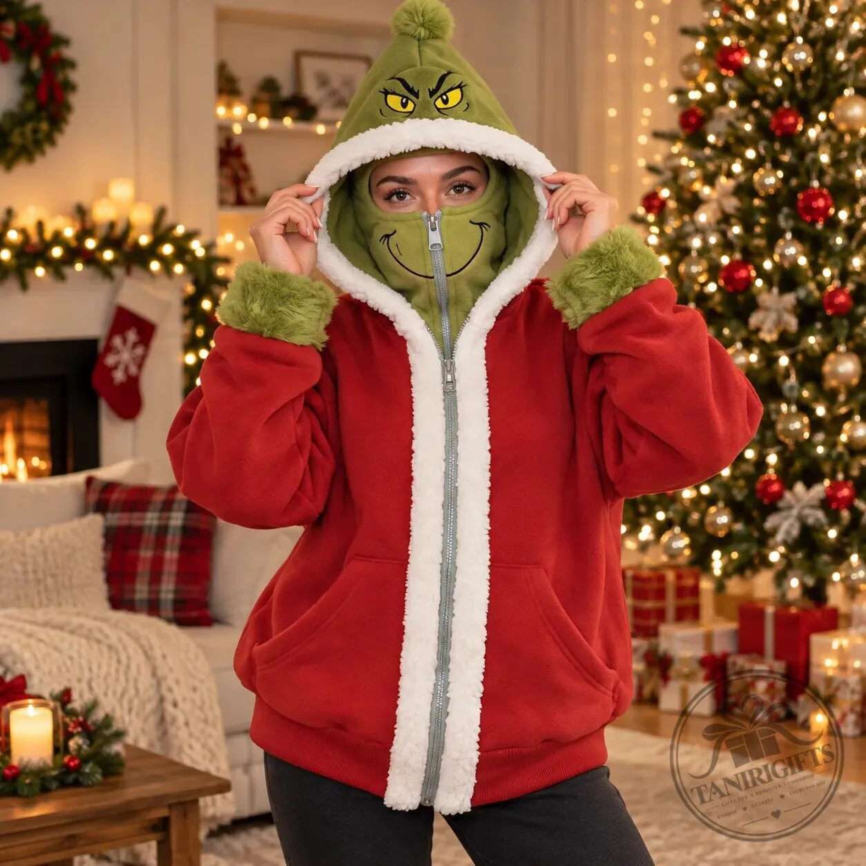 Grinch Full Zip Mask Hoodie Christmas Jacket 2026 9 Grinch Full Zip Mask Hoodie Christmas Jacket 2026 product view